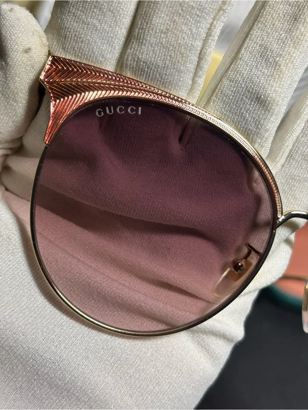 Gucci Gold Frame Pink Lens Round Sunglasses